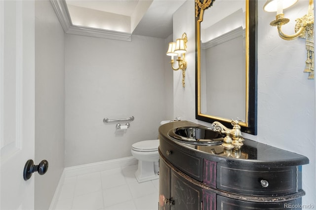 half bath featuring tile patterned floors, baseboards, toilet, and vanity