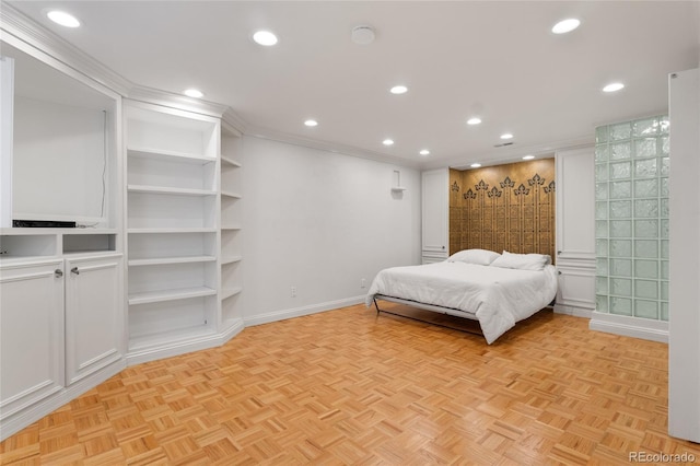 bedroom with recessed lighting, baseboards, and ornamental molding