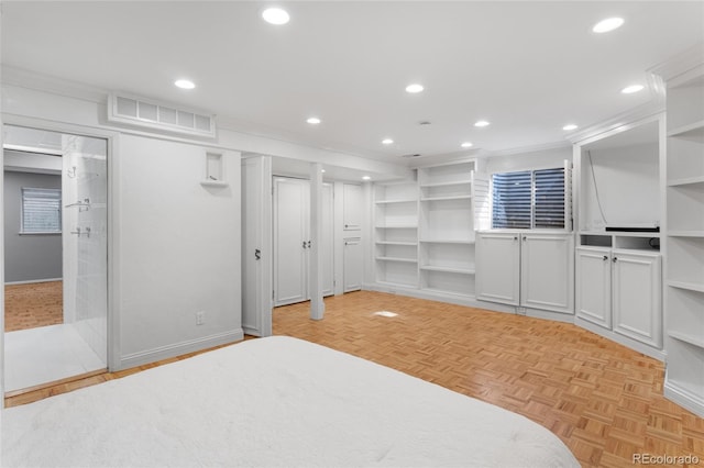 bedroom featuring visible vents, recessed lighting, baseboards, and ornamental molding