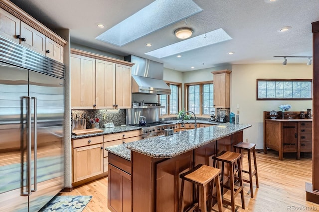 kitchen with stone countertops, backsplash, stainless steel appliances, a skylight, and light wood finished floors