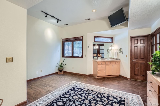 bathroom with vanity, wood finished floors, visible vents, baseboards, and track lighting