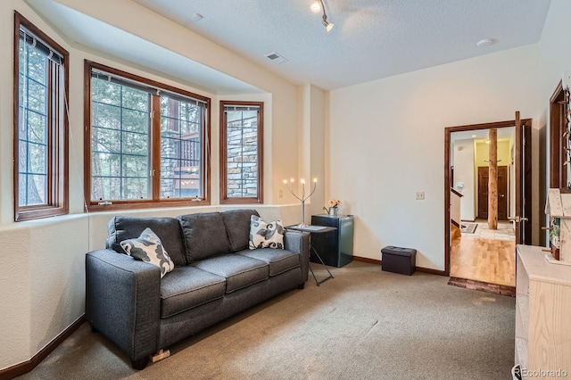 living area featuring visible vents, baseboards, a textured ceiling, and carpet flooring