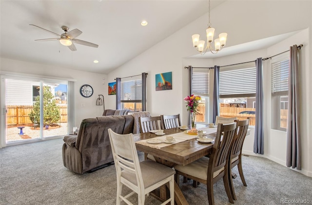 2734 Grand Prix Ct, Colorado Springs, CO 80922 - dining space featuring vaulted ceiling, light colored carpet, a chandelier, a ceiling fan, and recessed lighting