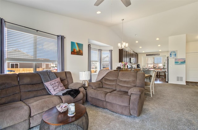 2734 Grand Prix Ct, Colorado Springs, CO 80922 - living room featuring a chandelier, carpet, a ceiling fan, recessed lighting, and lofted ceiling