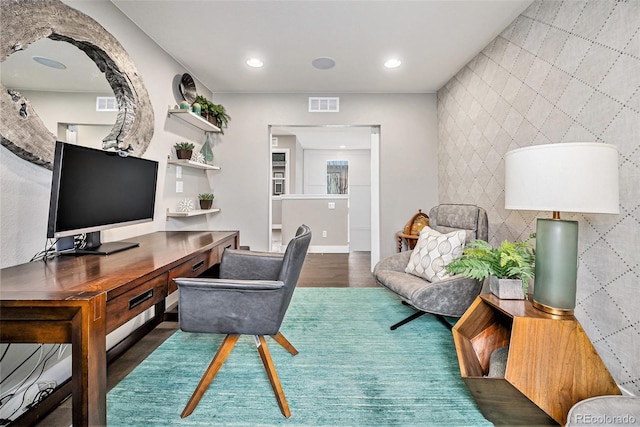 office area featuring wood finished floors, visible vents, and recessed lighting