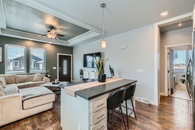 living area featuring visible vents, baseboards, a ceiling fan, dark wood-style floors, and a tray ceiling