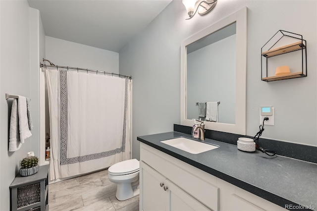 full bathroom with toilet, a shower with curtain, and vanity