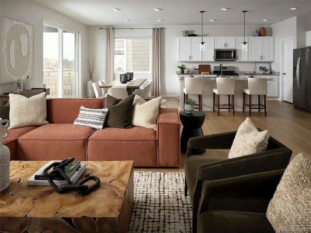 living room with light wood finished floors and recessed lighting