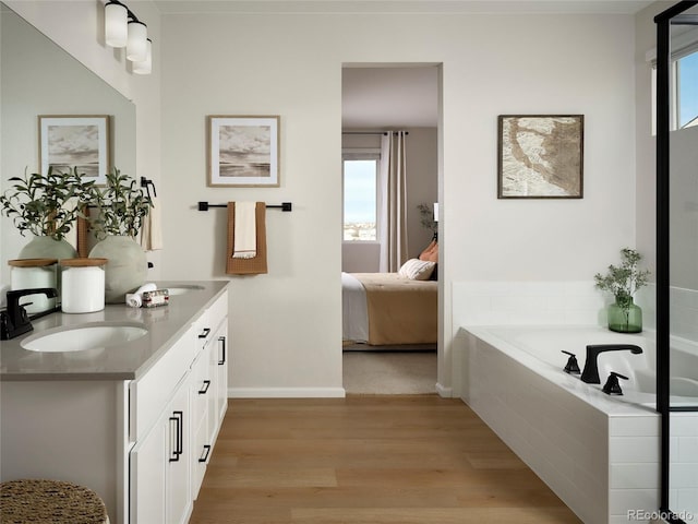 bathroom featuring a garden tub, a sink, wood finished floors, ensuite bath, and double vanity