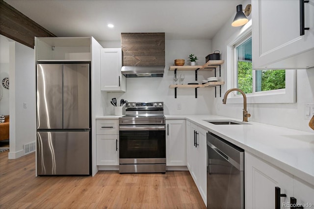 116 Monarch St, Louisville, CO 80027 - kitchen with stainless steel appliances, a sink, exhaust hood, open shelves, and white cabinets