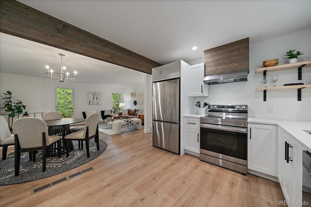 116 Monarch St, Louisville, CO 80027 - kitchen with stainless steel appliances, extractor fan, open shelves, a chandelier, and white cabinets