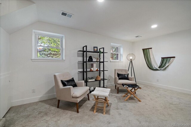 116 Monarch St, Louisville, CO 80027 - sitting room with plenty of natural light, carpet flooring, baseboards, vaulted ceiling, and recessed lighting