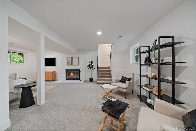 116 Monarch St, Louisville, CO 80027 - carpeted living room with stairs, a large fireplace, recessed lighting, and baseboards