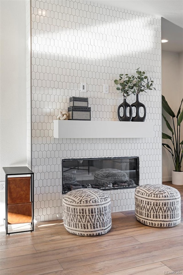 room details featuring a large fireplace and wood finished floors