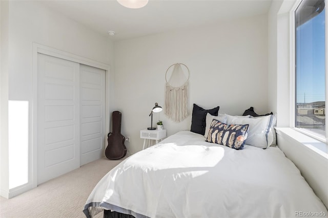 bedroom featuring a closet and light colored carpet