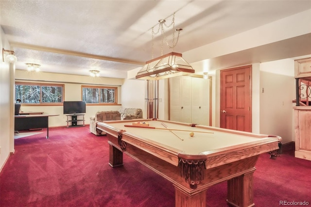recreation room with carpet flooring, pool table, baseboards, and a textured ceiling