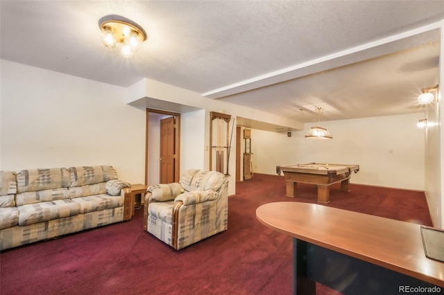 living area with carpet flooring, billiards, and a textured ceiling