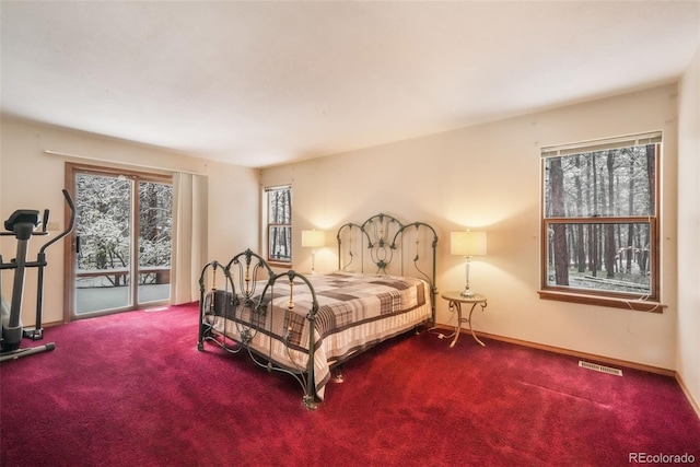 carpeted bedroom featuring access to exterior and baseboards