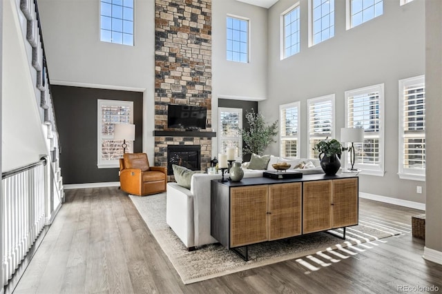 living area with baseboards, wood finished floors, and a stone fireplace