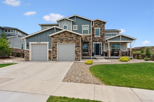 21854 Tyrolite Ave, Parker, CO 80138 - craftsman house with board and batten siding, a garage, a porch, and concrete driveway