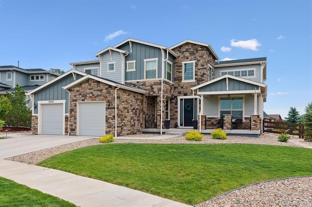 21854 Tyrolite Ave, Parker, CO 80138 - craftsman house featuring board and batten siding, covered porch, stone siding, and a front yard