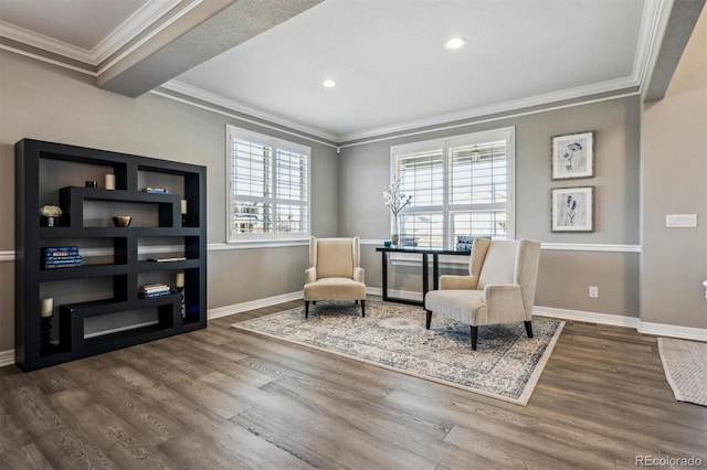 21854 Tyrolite Ave, Parker, CO 80138 - living area with crown molding, wood finished floors, baseboards, and recessed lighting