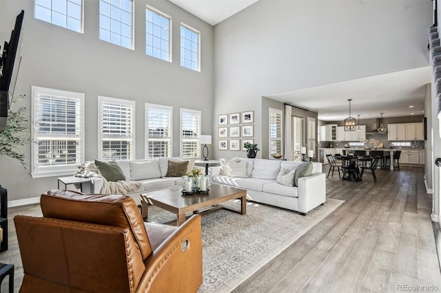 21854 Tyrolite Ave, Parker, CO 80138 - living room featuring light wood-type flooring, a towering ceiling, and baseboards