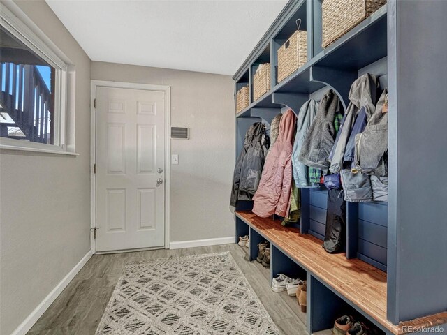 mudroom featuring baseboards and wood finished floors