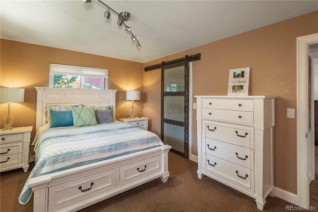 6760 S Depew St, Littleton, CO 80128 - bedroom with a barn door and dark colored carpet