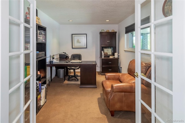 6760 S Depew St, Littleton, CO 80128 - office featuring french doors, light carpet, a textured ceiling, and recessed lighting