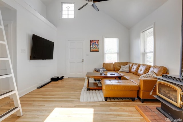 3000 S Sherman St, Englewood, CO 80113 - living area featuring a ceiling fan, wood finished floors, and high vaulted ceiling