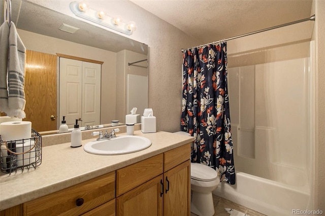 2045 Parkwood Dr, Johnstown, CO 80534 - bathroom featuring vanity, toilet, shower / bath combo, a textured wall, and tile patterned flooring