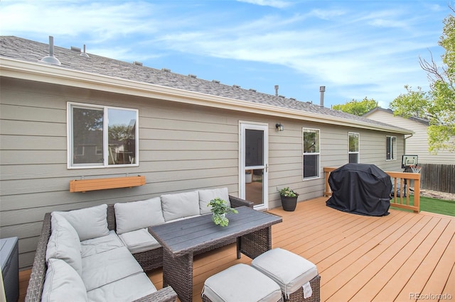 2045 Parkwood Dr, Johnstown, CO 80534 - deck featuring an outdoor living space, a grill, and fence