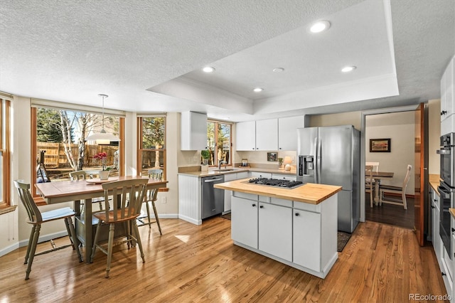 kitchen with a raised ceiling, white cabinetry, hanging light fixtures, and stainless steel appliances