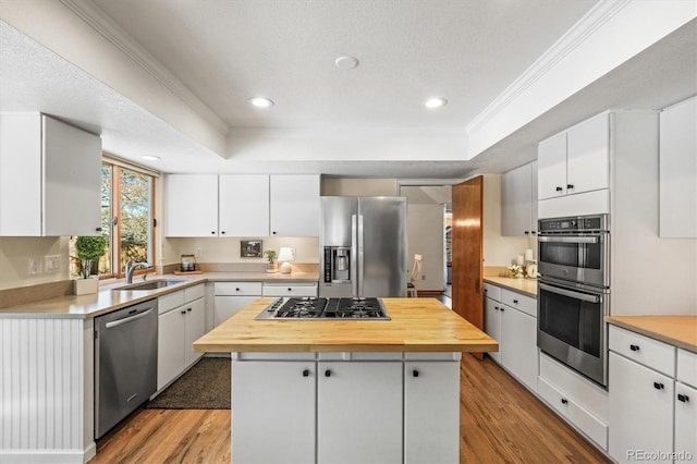 kitchen featuring stainless steel appliances, a raised ceiling, a center island, and white cabinets