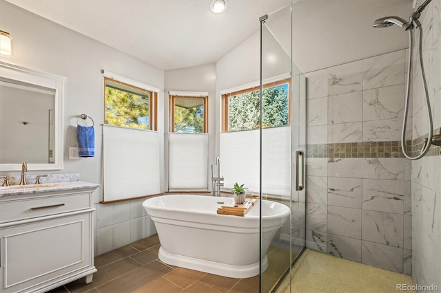 full bath featuring a healthy amount of sunlight, a stall shower, a freestanding bath, and vanity