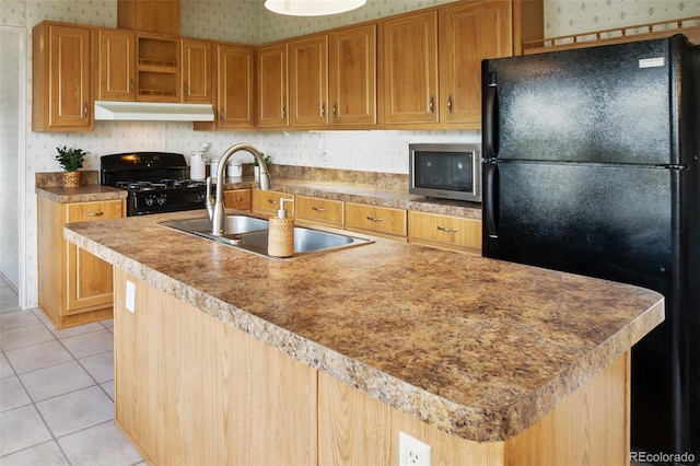 463 Snowshoe Ln, Lake George, CO 80827 - kitchen featuring black appliances, wallpapered walls, a sink, under cabinet range hood, and a center island with sink