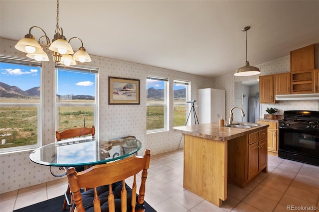 463 Snowshoe Ln, Lake George, CO 80827 - kitchen featuring wallpapered walls, black range with gas stovetop, a sink, under cabinet range hood, and a chandelier