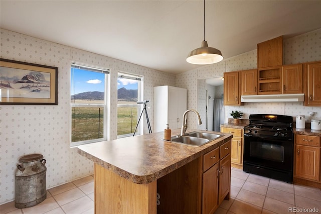 463 Snowshoe Ln, Lake George, CO 80827 - kitchen featuring a sink, wallpapered walls, black range with gas stovetop, under cabinet range hood, and light tile patterned floors