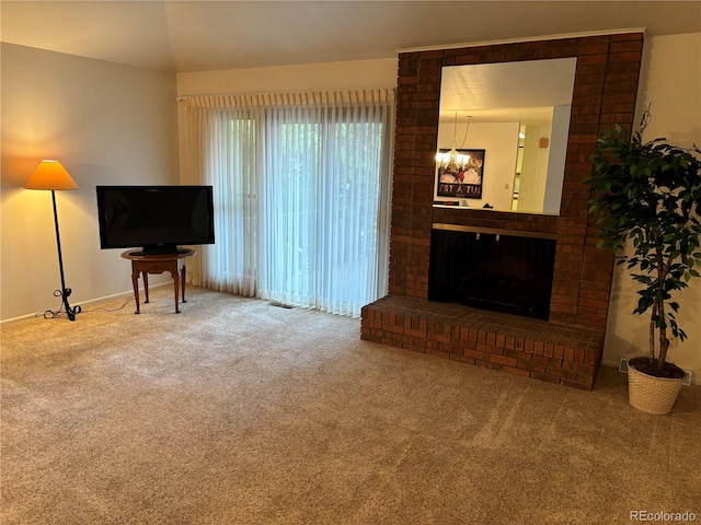 carpeted living room featuring a fireplace