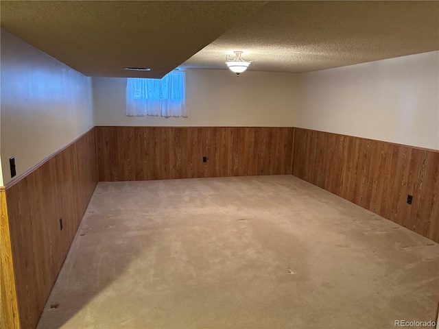 finished below grade area featuring carpet, a wainscoted wall, wood walls, and a textured ceiling