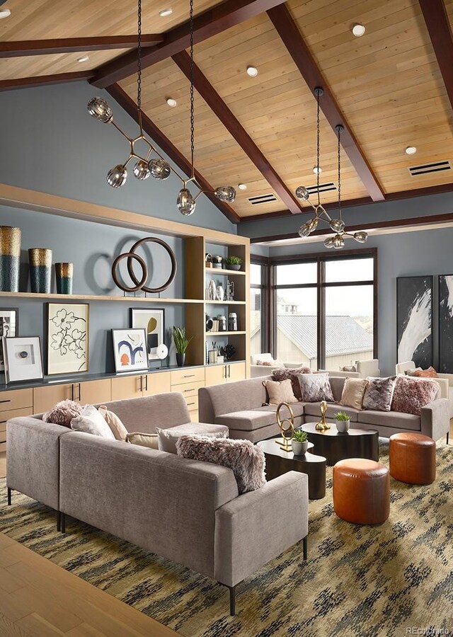 living area with wooden ceiling, beam ceiling, a chandelier, wood finished floors, and high vaulted ceiling