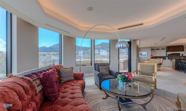 1077 Canyon Blvd Unit 403, Boulder, CO 80302 - living room with a raised ceiling and a mountain view