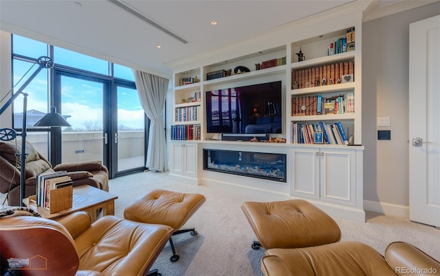 1077 Canyon Blvd Unit 403, Boulder, CO 80302 - living room featuring light carpet, built in features, and french doors