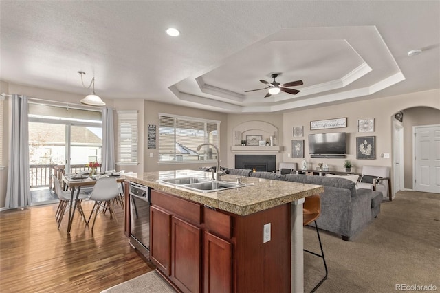 kitchen with stainless steel dishwasher, arched walkways, a raised ceiling, and a sink