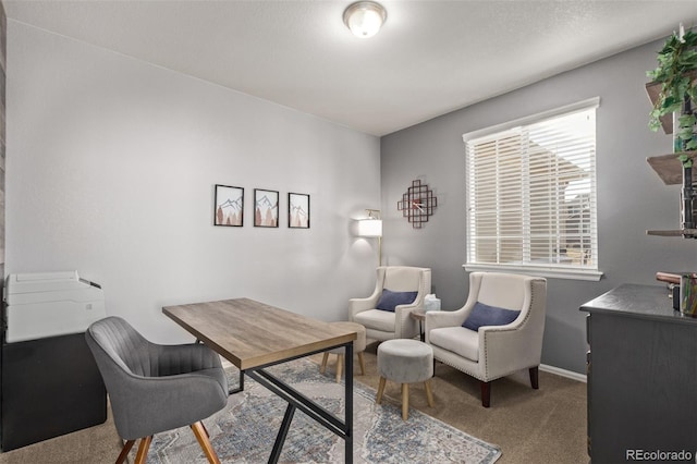 carpeted home office featuring baseboards