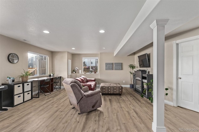 living room featuring a healthy amount of sunlight, light wood-style floors, and a fireplace