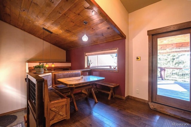 201 Nuthatch Dr, Alma, CO 80420 - dining area with dark wood-style flooring, wood ceiling, vaulted ceiling, and baseboards