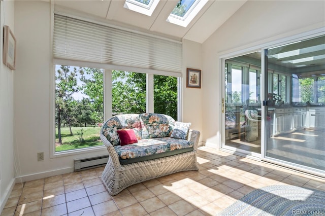 6895 S Norfolk St, Foxfield, CO 80016 - living area with a baseboard heating unit, a skylight, lofted ceiling, and tile patterned floors