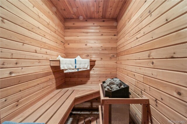6895 S Norfolk St, Foxfield, CO 80016 - relaxing sauna / steam room featuring wooden ceiling and wooden walls